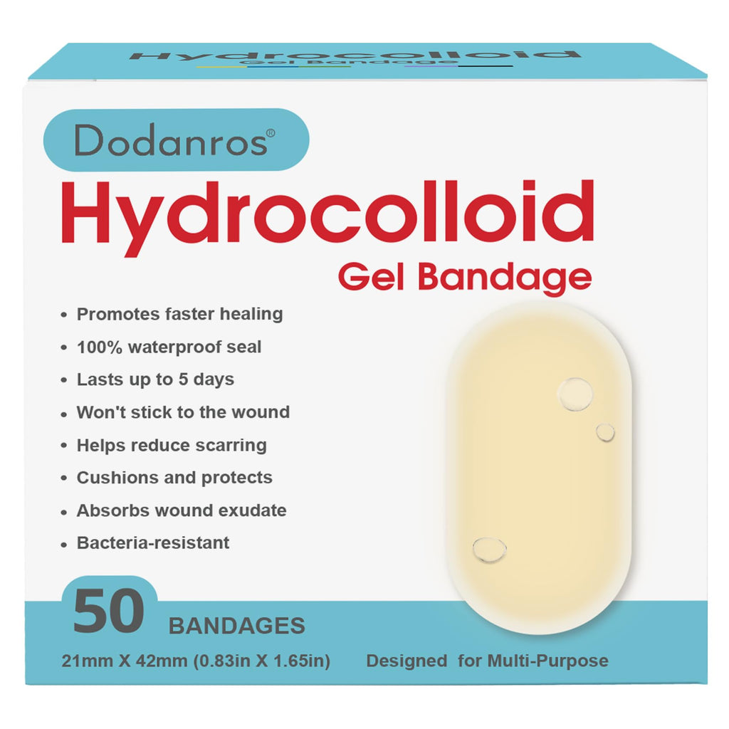 Dodanros Advanced Fast Healing Hydrocolloid Gel Bandages, Adhesive Wound Care Pads, 0.83 x 1.65 in, 50 Count