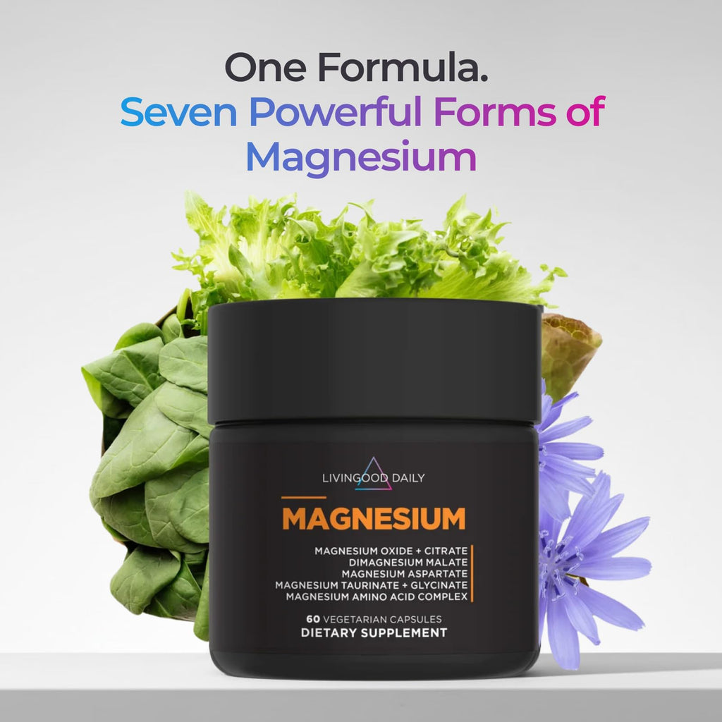 Livingood Daily Magnesium Complex 300mg with Chicory Root, 60 Capsules | 7-in-1 Supplement, Glycinate, Citrate, Bisglycinate, Amino Acids, Chicory Root for Heart, Sleep, Muscle Support, Made in USA