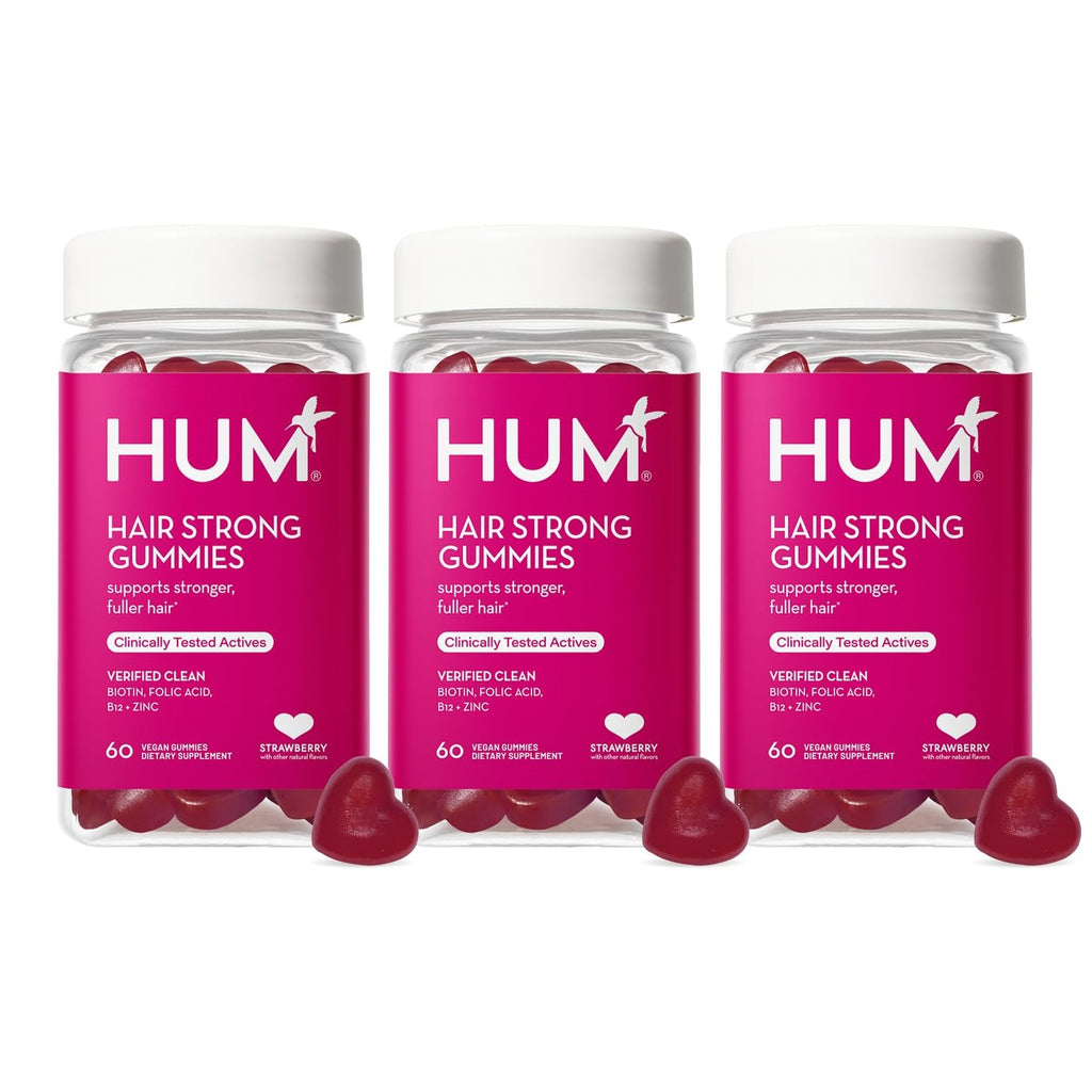 HUM Hair Strong Gummies Biotin, Zinc & Vitamin B12, Hair Growth, 60 Count | Folic Acid, Fo-Ti Root Extract, Biotin & Zinc, Vegan Strawberry Gummies, 3-Month Supply, Non-GMO