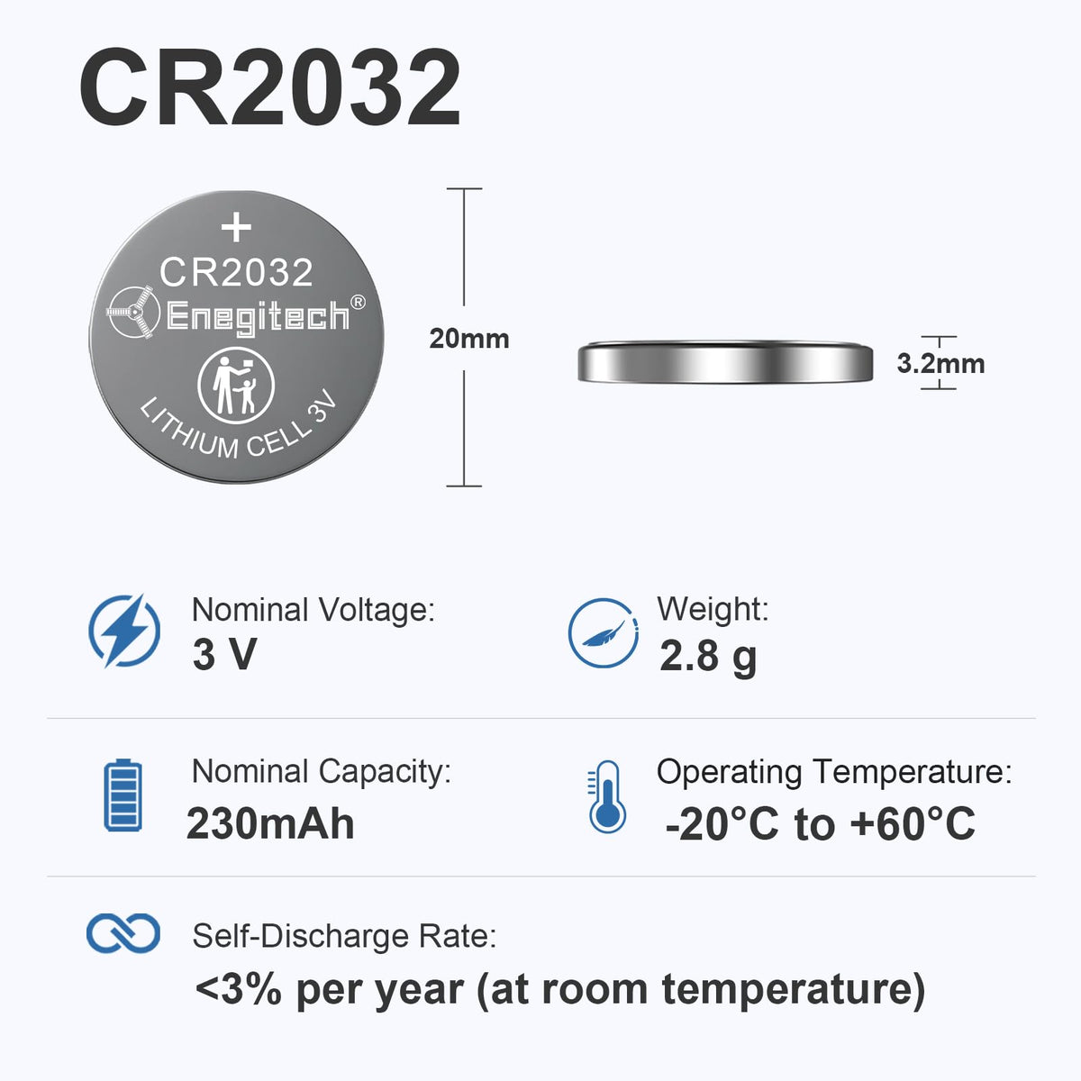 Enegitech CR2032 Batteries, CR 2032 Lithium 3V Coin Battery 6 Pack