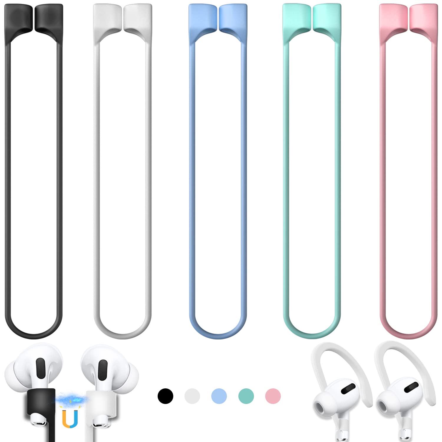 Buy now 5 Pack Ultra Strong Magnetic AirPods Pro Straps, Anti-Lost Neck Cord for AirPods Pro 3 2025,AirPods 4th, AirPods Pro 2nd/1st, AirPod 3rd, AirPod 2nd/1st - 5 Pcs Silicone Sports Lanyard and 2 Ear Hook A3-black+white+sky Blue+mint Green+pink at indiglob india