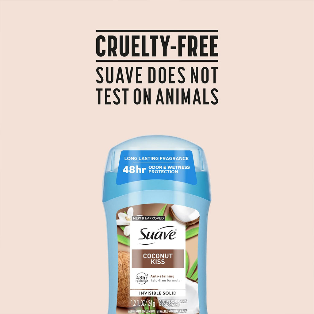 Buy now Suave Antiperspirant Deodorant for Women, Coconut Kiss 6-Pack â€“ Anti-Staining Invisible Solid Sticks, Talc-Free, 1.2 Oz Ea at indiglob india