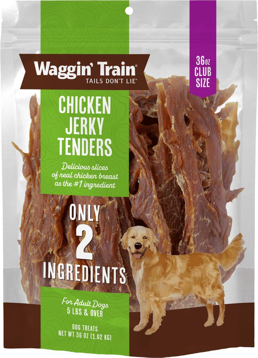 Waggin' Train Chicken Jerky Dog Treats, Made with 100% Real Chicken Breasts, Only Two All-Natural Ingredients, Great High Protein Dog Treat, Easily Digestible for Big or Small Dogs, 36 oz. Pouch