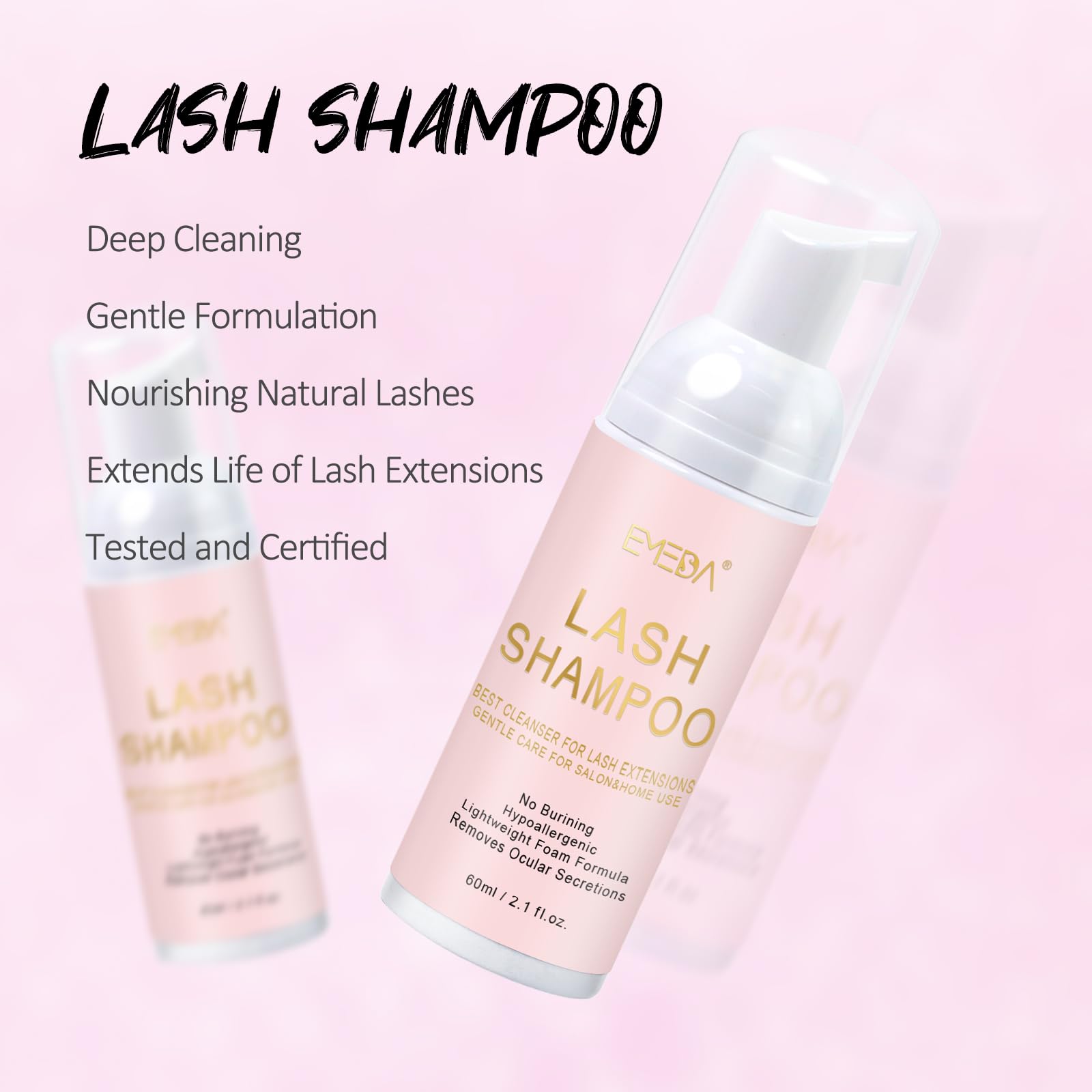 EMEDA Lash Shampoo Kit 2.02 Fl.oz Lash Cleaning Kit with Fan (Pink) | Dryer/Brush/Rinse Bottle, Oil-free Cleanser Wash for Extensions & Clusters & Natural Eyelashes, Cleaner for Eyelash Care