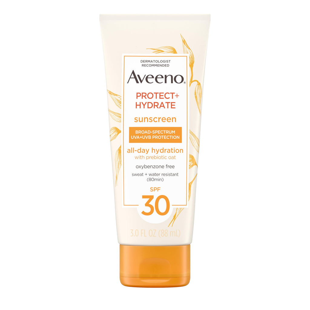 Aveeno Protect + Hydrate Sunscreen Lotion for Body & Face with Prebiotic Oat, SPF 60 Broad Spectrum Sunscreen, Paraben, & Oil Free, Water & Sweat Resistant (80-min) for Sensitive Skin, 12 FI Oz
