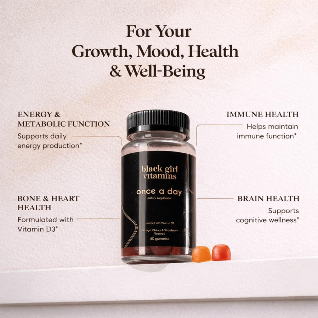 Black Girl Vitamins Once a Day - Womens Multivitamin Gummy - Vitamin A, B, C, E and Zinc. Multivitamin for Women, Immune Support. Vegan, Gluten-Free. Made in The USA (30 Day Supply, Strawberry)