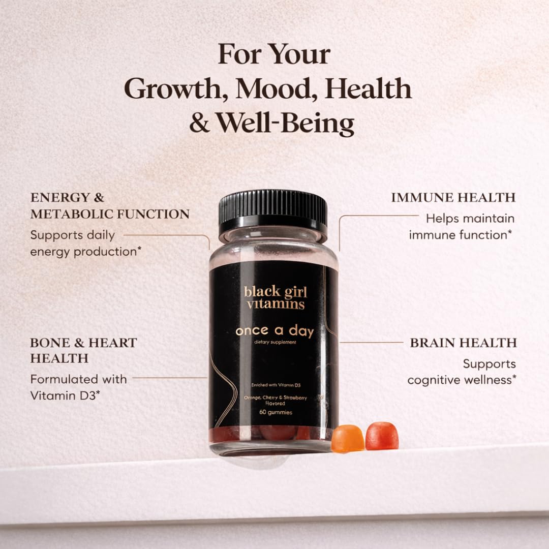 Black Girl Vitamins Once a Day - Womens Multivitamin Gummy - Vitamin A, B, C, E and Zinc. Multivitamin for Women, Immune Support. Vegan, Gluten-Free. Made in The USA (30 Day Supply, Strawberry)