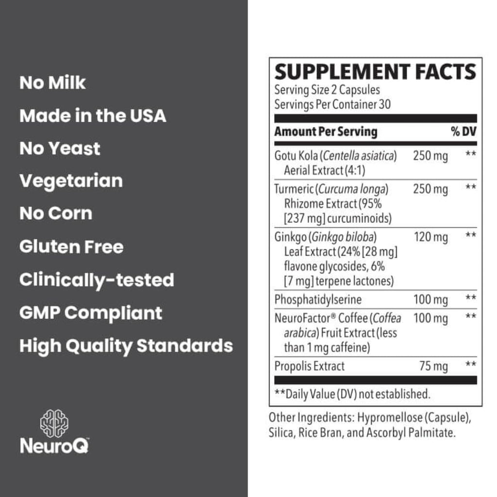 NeuroQ Memory & Focus Supplement - Brain Health Support - 60 Capsules | Formulated by Neurologist Dr. Dale Bredesen | Ginkgo Biloba, Phosphatidylserine, Gotu Kola, Coffee Fruit, Turmeric & Propolis