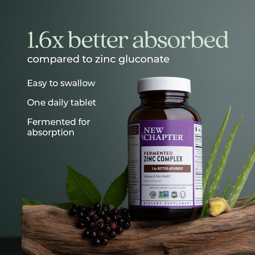 New Chapter Fermented Zinc Complex Supplement, 90 Count | ONE Daily for Immune Support and Skin Health, Mineral-Balancing Formula Rich in Copper, Easy to Swallow and Digest