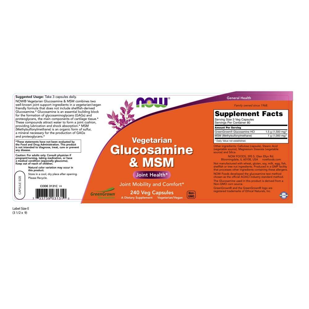 Buy now NowFoods Vegetarian Glucosamine & MSM Joint Health 240 Veg Capsules at indiglob india