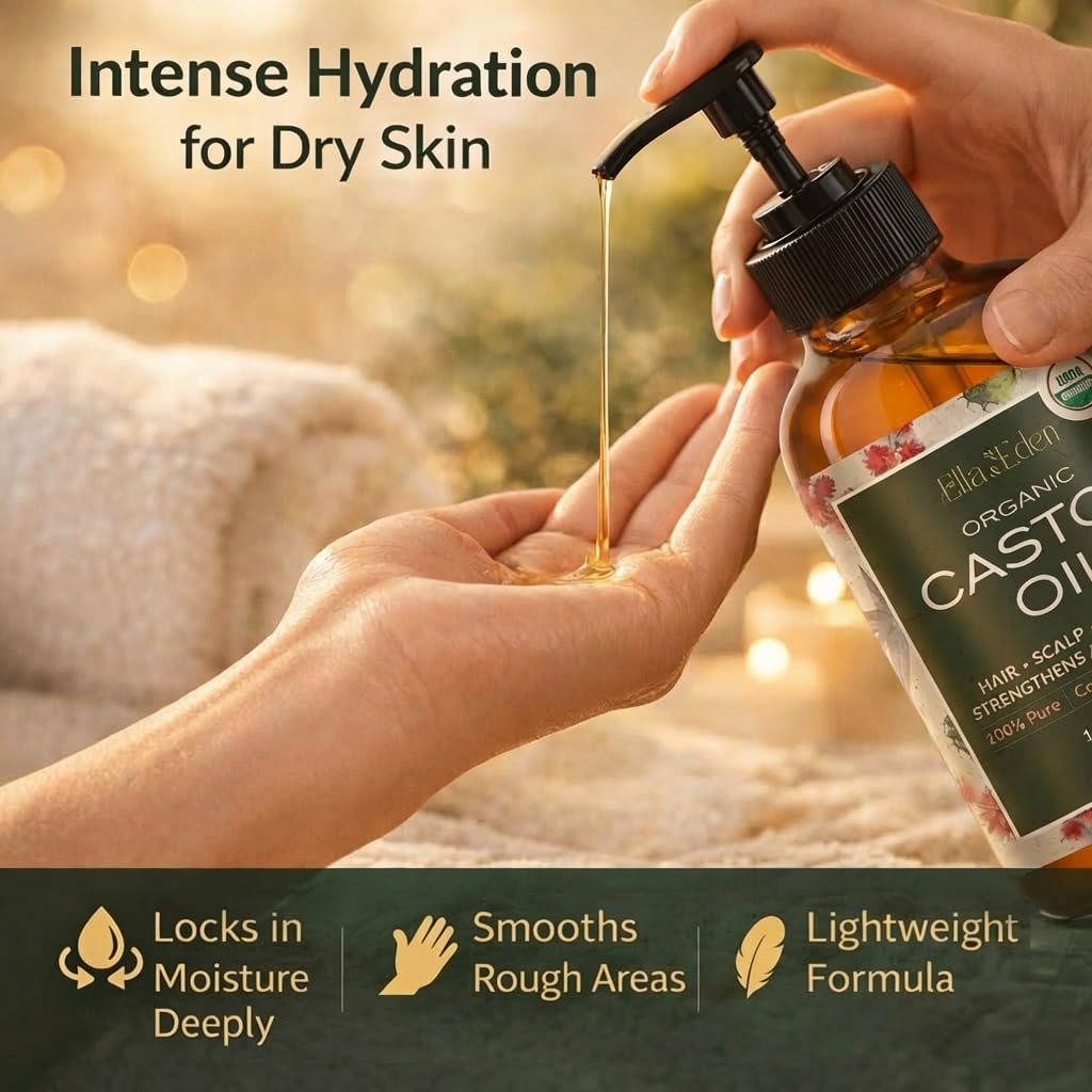 USDA Organic Castor Oil, 100% Pure Cold-Pressed Hexane-Free, 16 Oz | For Hair Growth, Stomach, Fuller Lashes & Brows, Skin Nourishment – Ricinoleic Fatty Acids, Unrefined, Glass Bottle with Pump