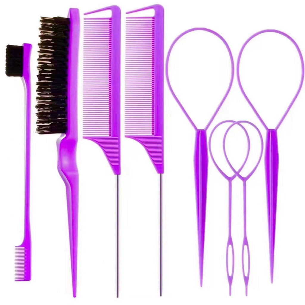 ZVOREI 8Pcs Hair Brushes Set wit, Pink 4Pcs Topsy Hair Tail Tools | 1Pcs Bristle Teasing Hair Brush 1Pcs Edge Control Brush 2Pcs Metal Pin Rat Tail Combs for Woman Girl Hair Styling