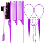 ZVOREI 8Pcs Hair Brushes Set wit, Pink 4Pcs Topsy Hair Tail Tools | 1Pcs Bristle Teasing Hair Brush 1Pcs Edge Control Brush 2Pcs Metal Pin Rat Tail Combs for Woman Girl Hair Styling