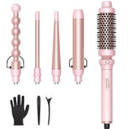 Wavytalk 5 in 1 Curling Iron Set with Heated Round Brush for Blowout Look | 4 Interchangeable Curling Iron(0.5”-1.25"), Ceramic-Coated Barrels for Smooth Glide,Less Damage,Dual Voltage Hair Curler