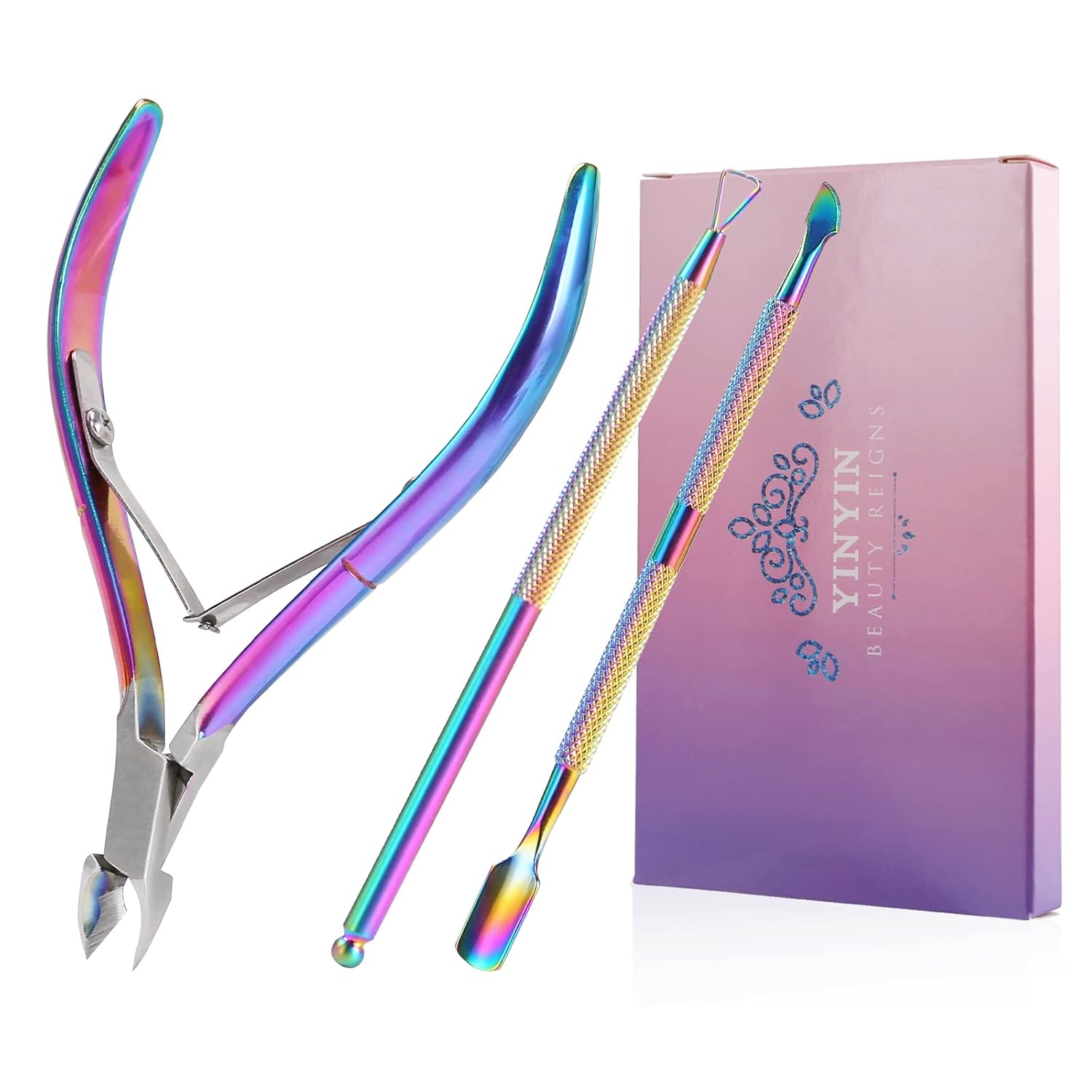 Buy now YINYIN Professional Stainless Steel Nippers, Cutter Clippers, Cuticle Remover, Trimmer with Pusher, Pedicure Manicure Tools for Fingernails and Toenails, Sliver Rainbow at indiglob india