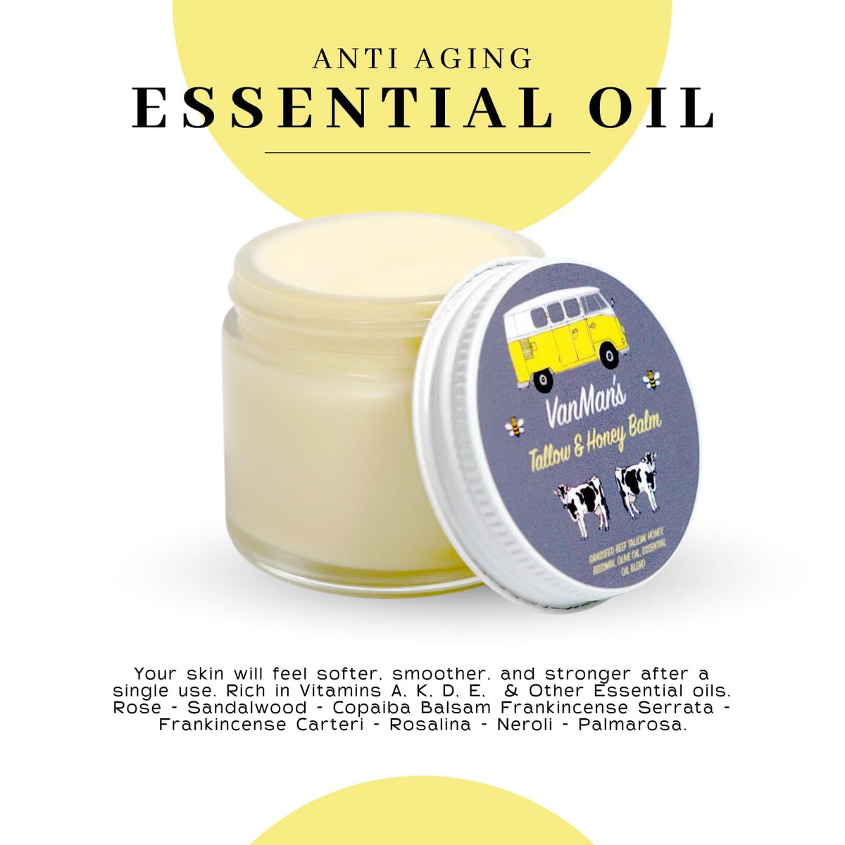 Vanman's Tallow and Honey Balm in a stylish jar, rich in vitamins A, K, D, E, and essential oils for anti-aging.