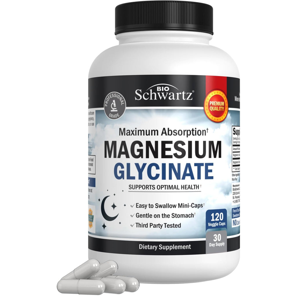 BioSchwartz Magnesium Glycinate 500mg Capsules (120 Mini Caps) | Maximum Absorption Magnesium Supplement for Healthy Nerves Muscles Heart Mood & Sleep Support (Vegan, Gluten-Free, Non-GMO)
