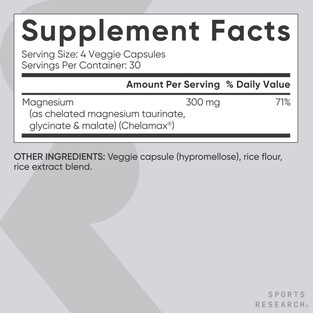 Sports Research® Triple Magnesium Complex 300mg, 120 Veggie Capules | Cheleated Magnesium Glycinate, Taurinate & Malate (Chelamax®) for Enhanced Bioavailability* - Non-GMO, Certified Vegan