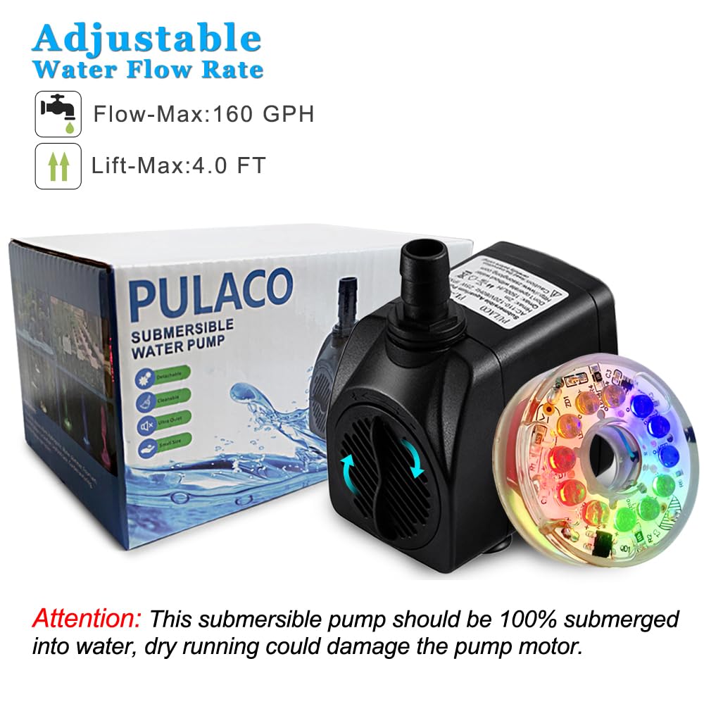 PULACO 160GPH Small Fountain Pump, 10Watt Submersible Pump with Automatic Color Changing LED Light and 3.3 ft Tubing for Water Feature, Outdoor Pond, Aquarium fish tanks