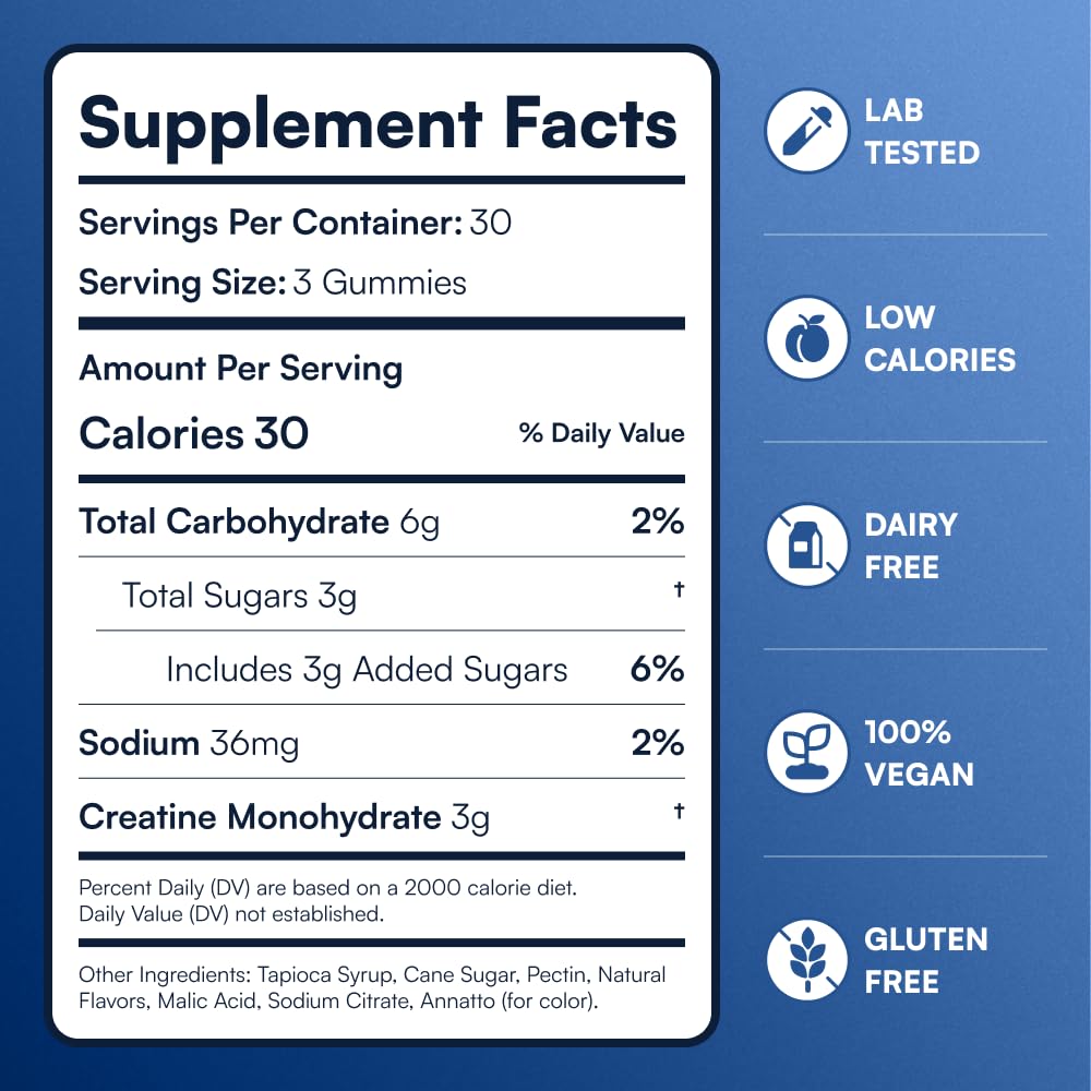 Creatine Monohydrate Gummies - Supports Muscle Growth, Recovery & Brain Function - Convenient & Easy to Take - Great Tasting Peach Flavor - 1g per Gummy, Low Sugar - 90 Count