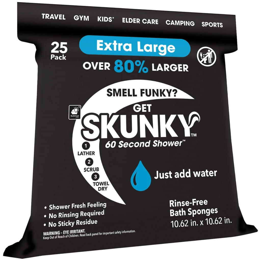 Skunky XL Disposable Rinse-Free Bath Sponges, No-Shower, Elder Care