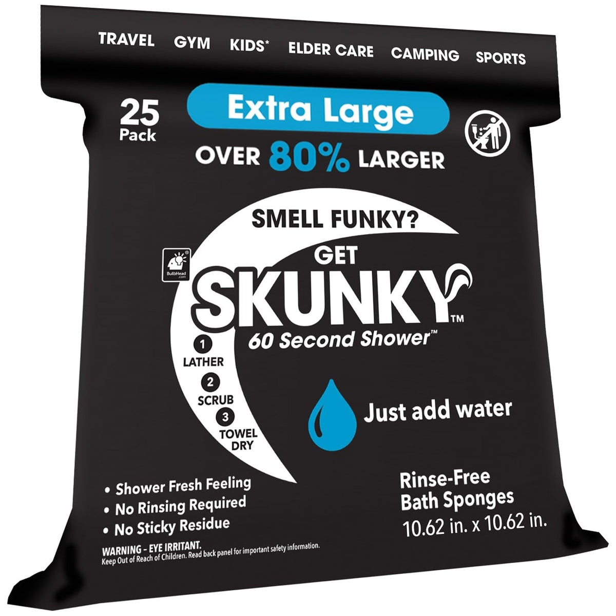 Skunky XL Disposable Rinse-Free Bath Sponges, No-Shower, Elder Care