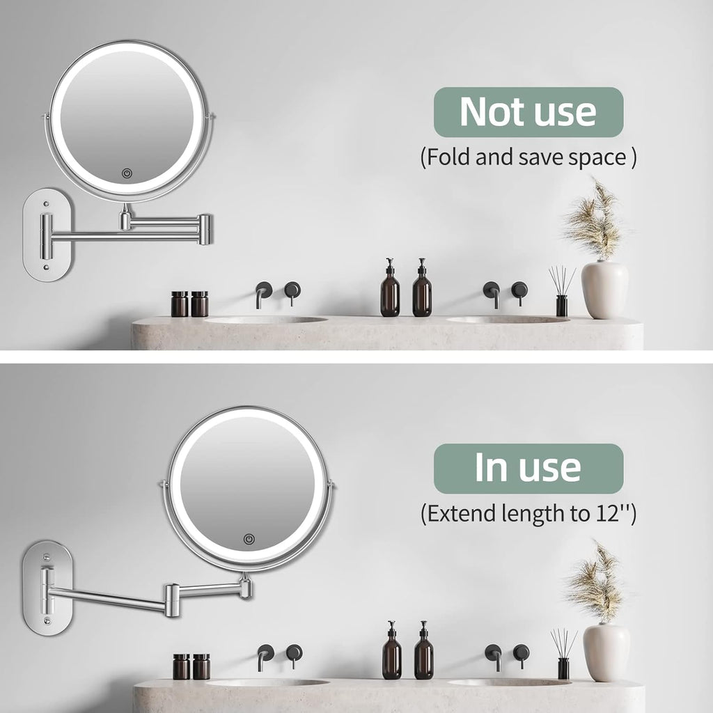 Buy now Rechargeable Wall Mounted Lighted Makeup Vanity Mirror 8 inch 1X/10X Magnifying Bathroom Mirror with 3 Color Lights, Double Sided with Dimmable LED Lights, Extended Arm 360Â° Swivel Extension Mirror at indiglob india