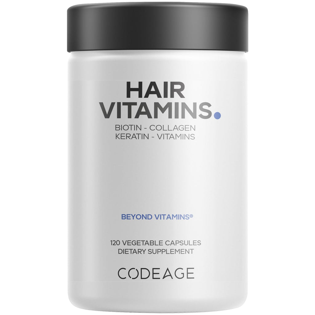 Codeage Hair Vitamins, Biotin 10000 mcg, Keratin, Collagen, 120 Capsules | Hair vitamins with 10,000 mcg biotin, keratin, collagen, vitamins A, B12, C, D3, zinc and probiotics.