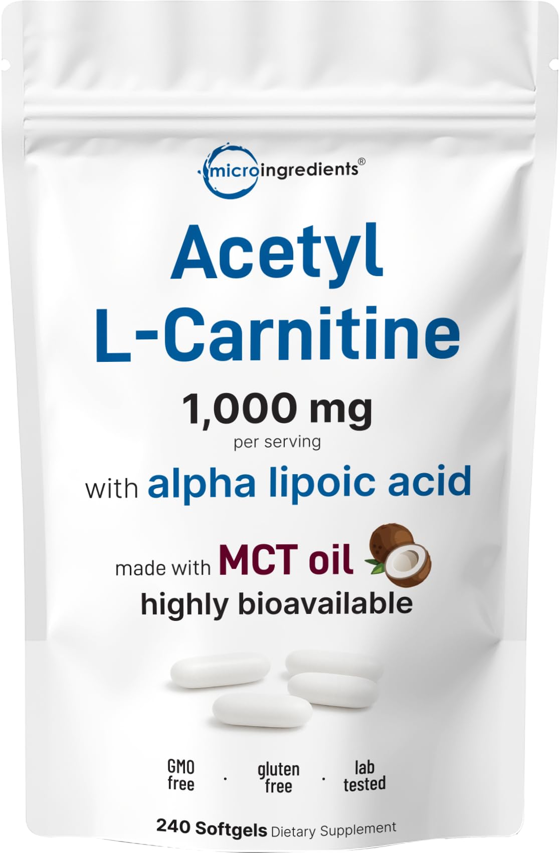 Acetyl L-Carnitine 1000mg per Serving with Alpha Lipoic Acid, 240 Softgels