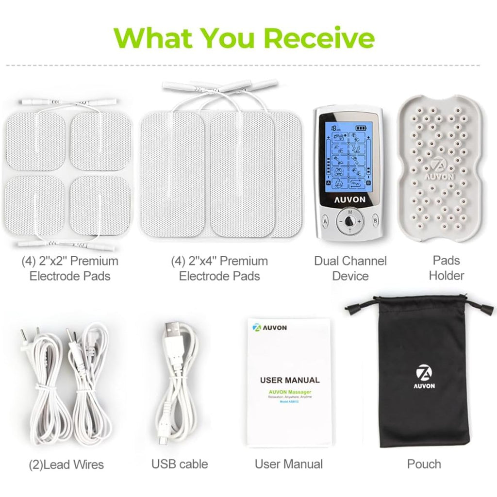 Buy now AUVON Dual Channel TENS Unit Muscle Stimulator Machine with 20 Modes, 2" and 2"x4" TENS Unit Electrode Pads at indiglob india