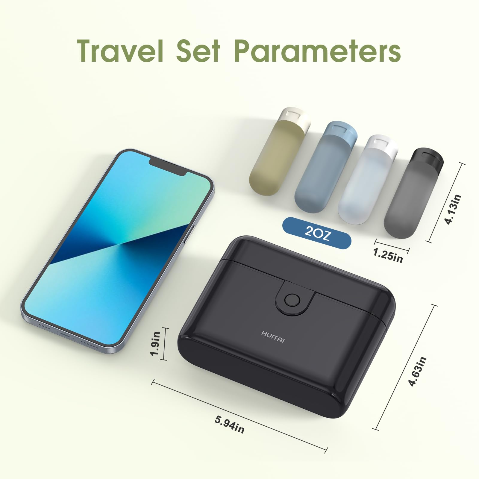 Travel Bottles TSA 4x2oz With Case Leak-Proof Black | Durable ABS hard case, press-to-unlock, 4 individual compartments, wide-mouth bottles for easy fill, leak-proof seals