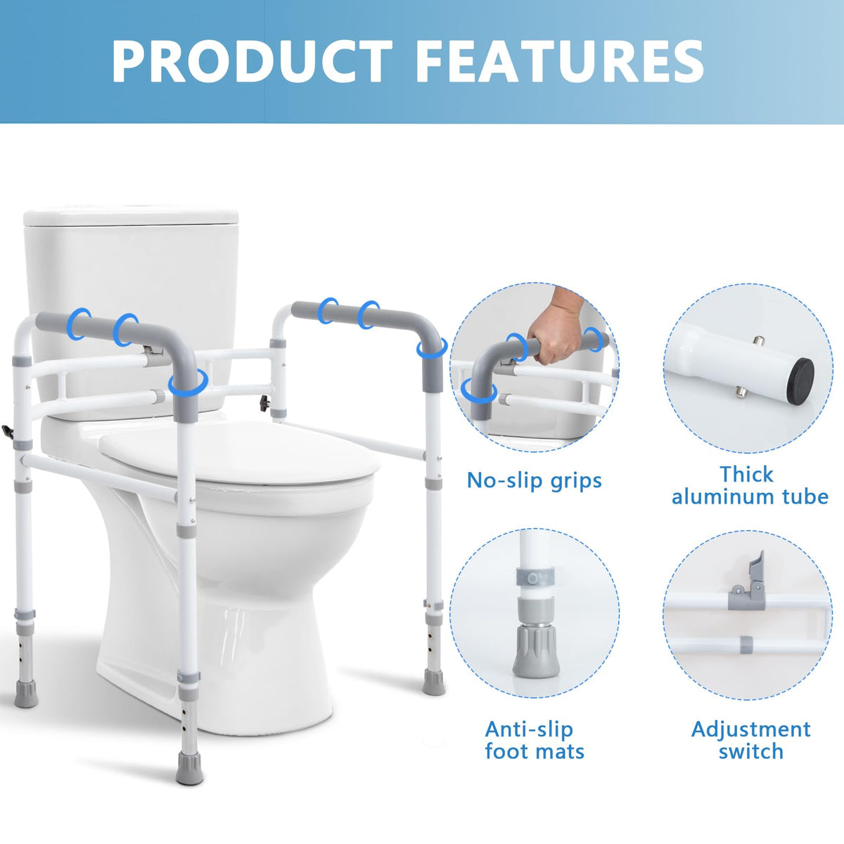 WeHwupe Toilet Safety Rail for Seniors, Height & Width Adjustable Frame