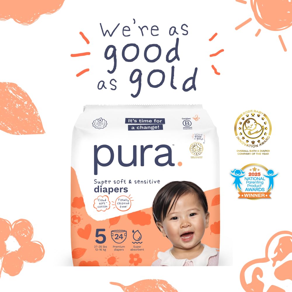 Pura Baby Diapers Size 5 (27-35 lbs) 48 Count Sensitive Skin