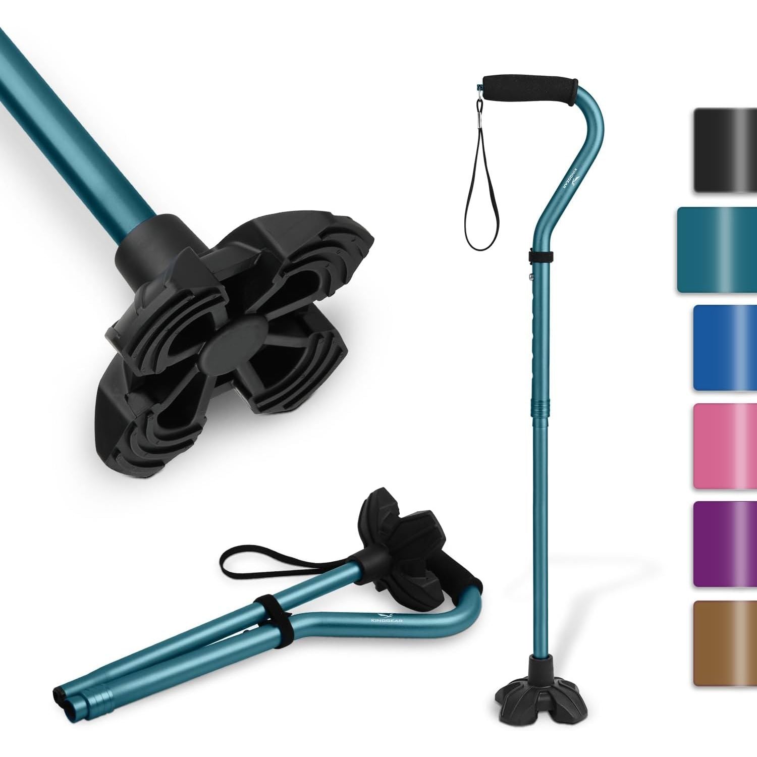 Buy now KINGGEAR F1 Walking Stick, Walking Cane for Women & Men, Self Standing Walkers for Seniors with Wrist Strap, Lightweight & Sturdy Offset EVA Handle and Large Quad Base Blue at indiglob india
