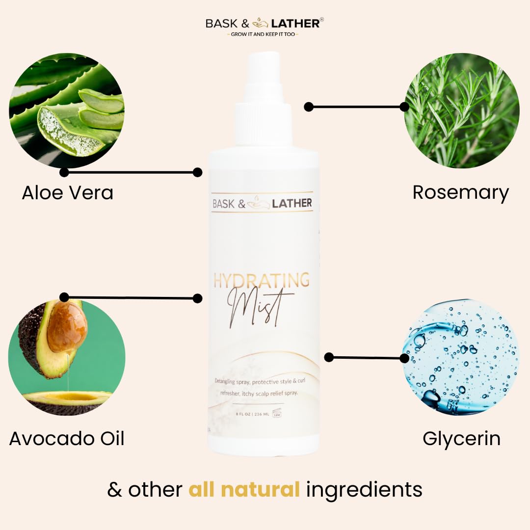 BASK & LATHER Hydrating Hair Mist, Leave-In Conditioner, Itchy Scalp Relief, Detangler, Curl Definer, Aloe Vera, Avocado Oil, For All Hair Types, 8 oz