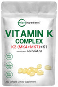 Micro Ingredients Super Vitamin K Complex (K2 MK7 + MK4 & K1), 360 Coconut Oil Softgels | Easily Absorbed K Vitamins, Active Menaquinone Complex | Non-GMO