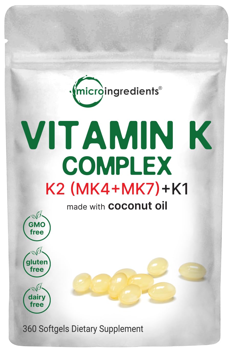 Micro Ingredients Super Vitamin K Complex (K2 MK7 + MK4 & K1), 360 Coconut Oil Softgels | Easily Absorbed K Vitamins, Active Menaquinone Complex | Non-GMO