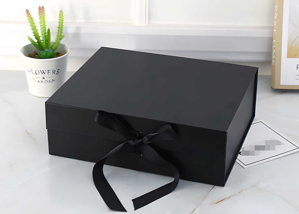 Black Gift Box with Lid, Ribbons & Bag, Medium, 9x7x3 In, Magnetic Closure