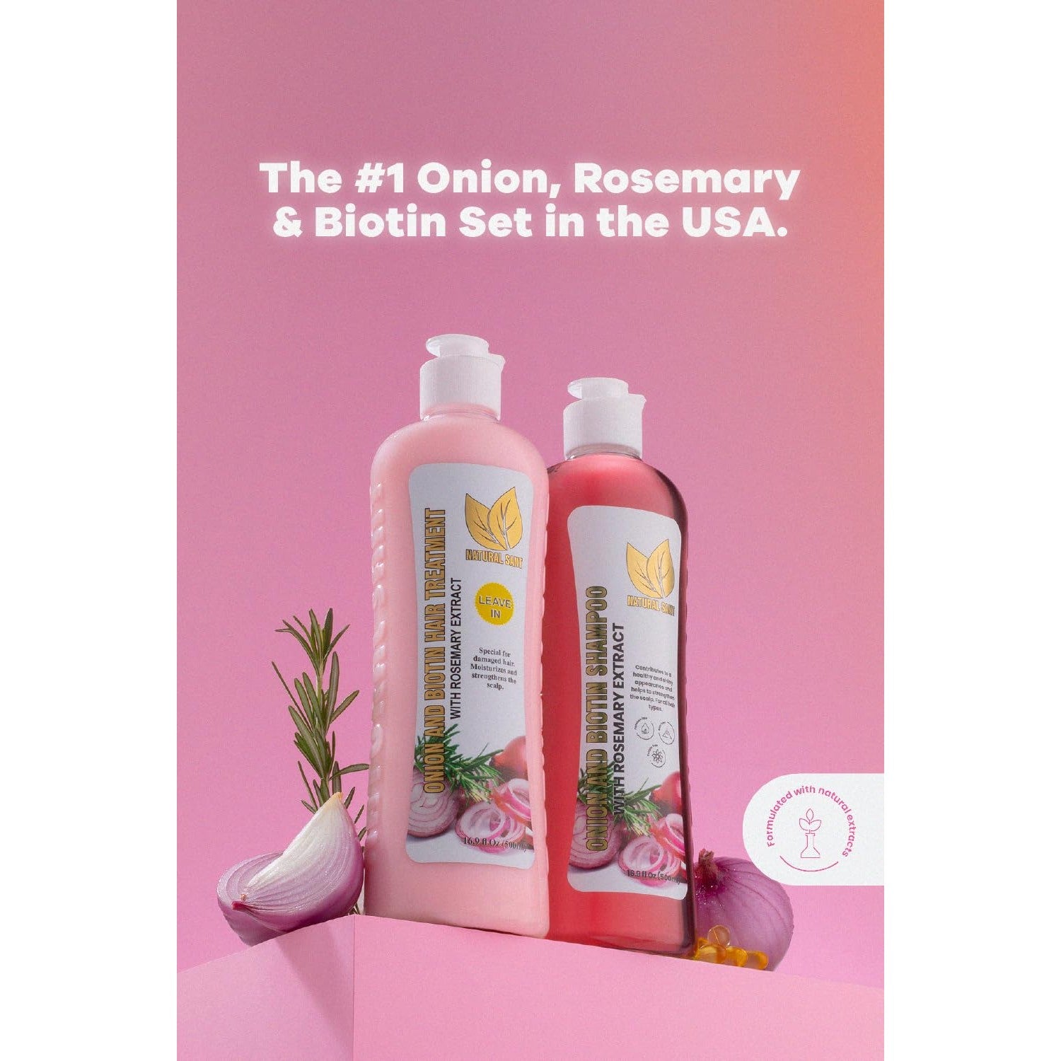Natural Sant Onion & Rosemary Shampoo & Leave-In Treatment Set with Biotin | Sulfate, paraben & silicone free, supports thicker & fuller hair, women & men, no onion smell, two 16.9 fl oz bottles
