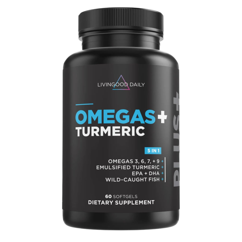 Livingood Daily Omega 3 6 9 Plus Turmeric Curcumin Supplement, 60 Softgels | 5-in-1 Fish Oil Omega 3, 6, 7, 9, EPA, DHA, Emulsified Turmeric Curcumin, Fatty Acids, Brain, Joint, Metabolism, Made in USA