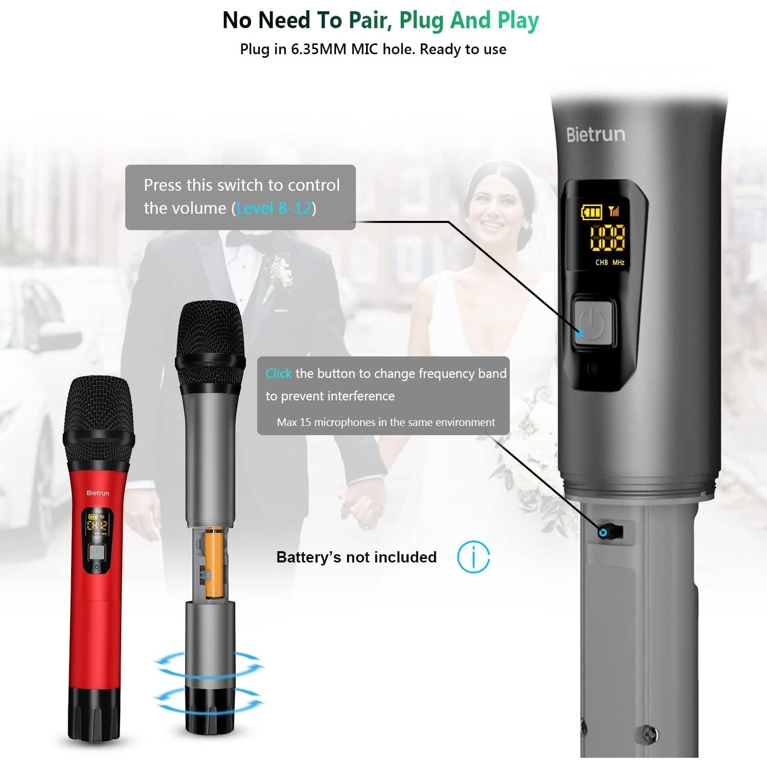 Buy now Bietrun Wireless Microphone, Professional UHF Metal Dual Handheld Cordless Dynamic Mic System Set with Rechargeable Receiver, 1/4‘’Output, Plug and Play, Instrument-Wireless-Mics for Karaoke, Wedding at indiglob india