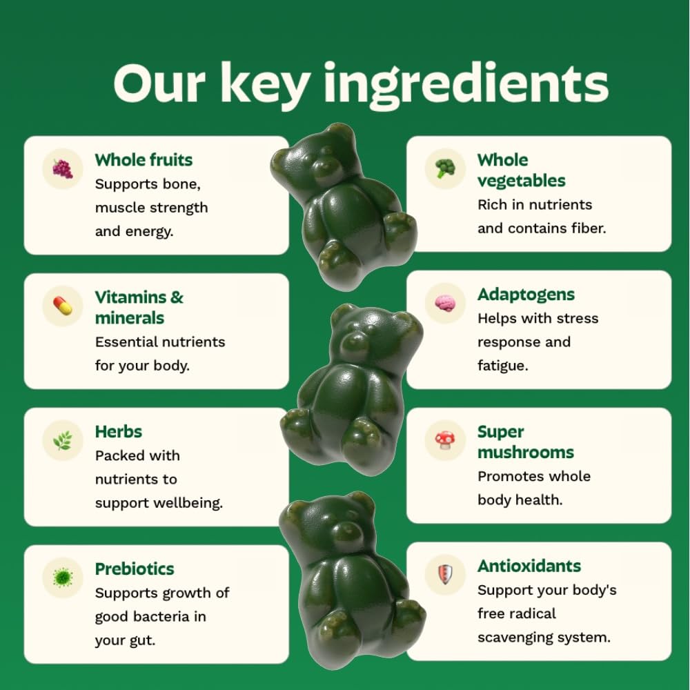 Adult Greens Gummies & Daily Multivitamin, Prebiotic Fiber, 10 ct | Daily Supplement for Men and Women with Vitamins, Minerals, Adaptogens, and Fiber