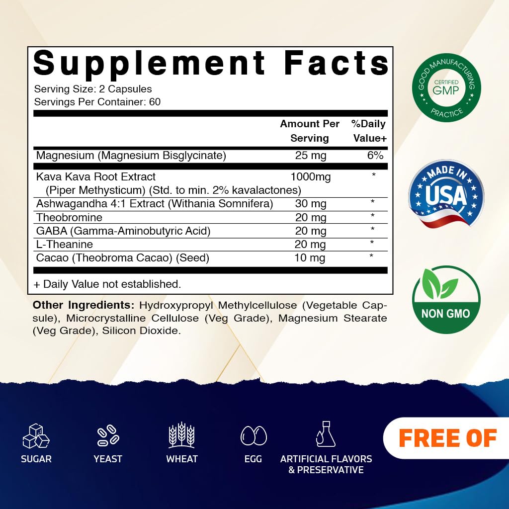 Vitamatic Kava Kava 1000mg with Magnesium, Ashwagandha, GABA, Theobromine, L-Theanine & Cacao – 120 Veg Caps – Kavalactones for Mood, Stress & Sleep Support.