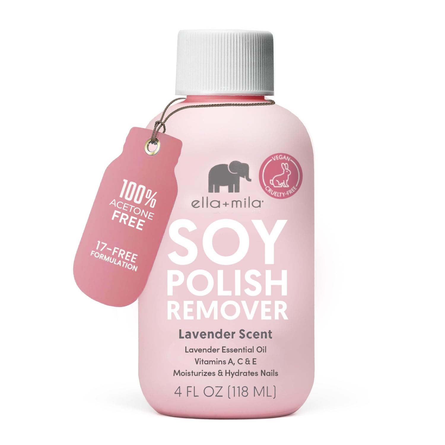 ella+mila Soy Nail Polish Remover - Non-Acetone with Lavender Oil, 4 fl oz | Soy-based non-acetone remover; lavender oil; vitamins A, C & E; gentle on bare nails; vegan; 4 fl oz