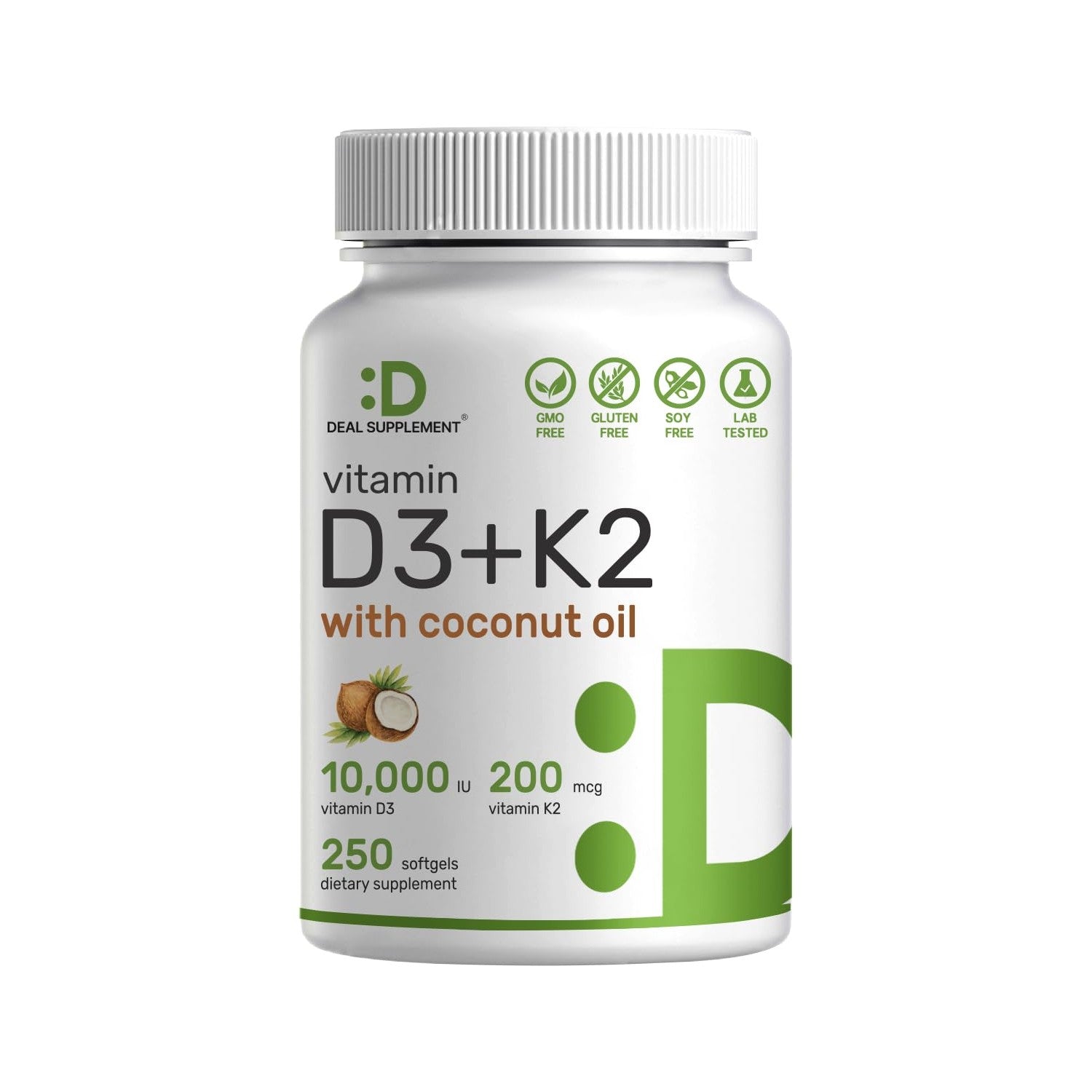 DEAL SUPPLEMENT Vitamin D3 10,000 IU + K2 MK7 200mcg Softgels, 250 Count | 2-in-1 Complex with Virgin Coconut Oil | Easy to Swallow