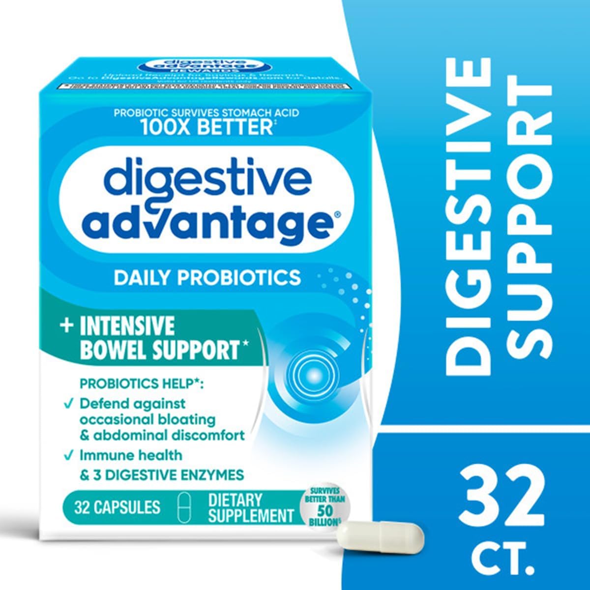 Buy now Digestive Advantage Intensive Bowel Support Probiotic Supplement 32 Capsules, Defends Against Gas, Bloating, Abdominal discomfort, Survives 100x Better at indiglob india