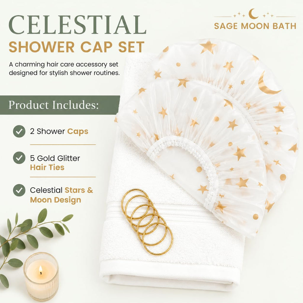 Shower Caps for Women Reusable Waterproof, 2 PCS Shower Caps + 5 Hair Ties