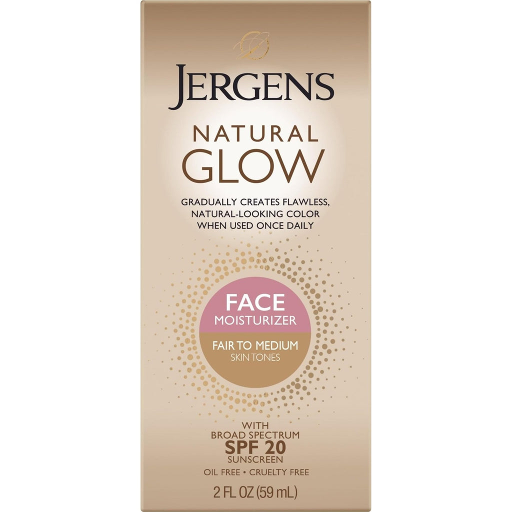 Jergens Natural Glow Face Self Tanner Lotion SPF 20, Fair To Medium, 2 oz | Sunless Tanning, Daily Facial Sunscreen, Oil Free Formula, Broad Spectrum UVA/UVB Protection, Gradual Color Development