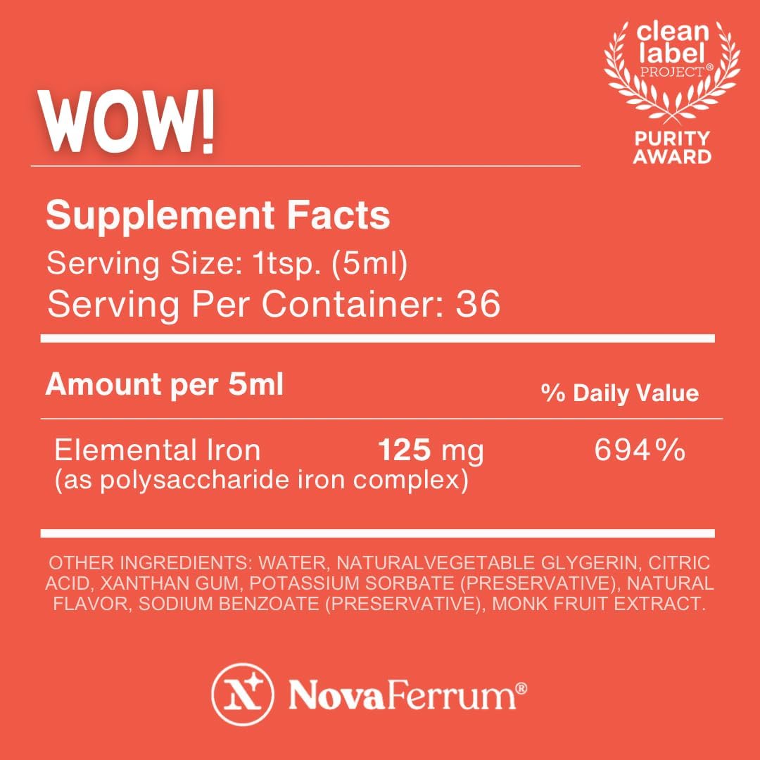 Buy now NovaFerrum Wow, 125 High Potency Liquid Iron Supplement for Adults, Iron Deficiency, 125mg of Iron Per 5mL Dose, Vegan Verified, Gluten Free Certified, Sugar Free at indiglob india