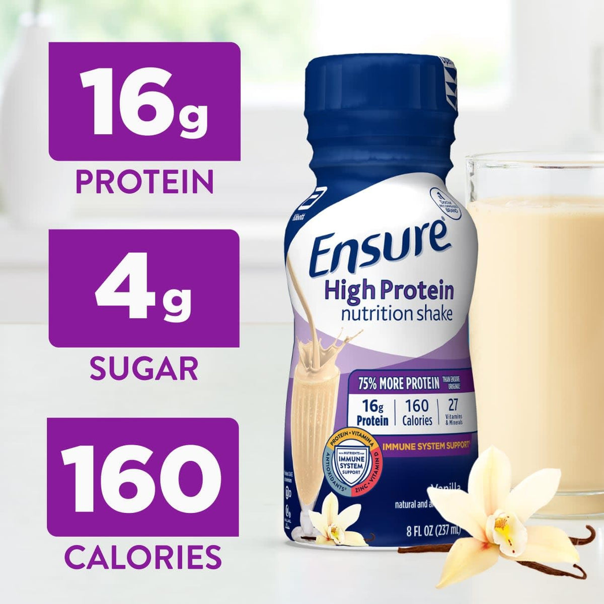 Ensure High Protein Vanilla Nutrition Shake with Fiber, Ready to Drink, 16g Protein and 27 Vitamins and Minerals, 8 fl oz, 6 Pack